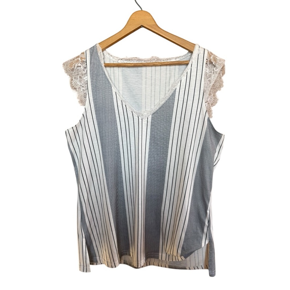 Striped Lace-Trim V-Neck Tank Top - Gray/White